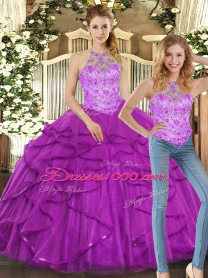 Sweet Halter Top Sleeveless Quinceanera Dress Floor Length Beading and Ruffles Purple Tulle