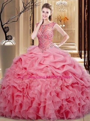 Attractive Beading and Ruffles and Pick Ups Sweet 16 Dress Pink Lace Up Sleeveless Floor Length