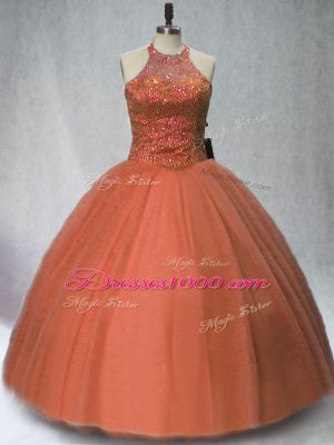 Brown Ball Gowns Tulle Halter Top Sleeveless Beading Floor Length Lace Up Quinceanera Gown