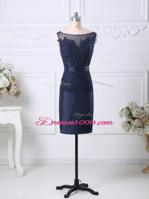 Satin Scoop Sleeveless Zipper Beading and Lace Prom Dresses in Navy Blue