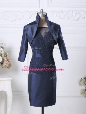 Satin Scoop Sleeveless Zipper Beading and Lace Prom Dresses in Navy Blue