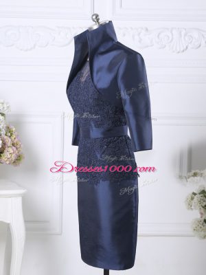 Satin Scoop Sleeveless Zipper Beading and Lace Prom Dresses in Navy Blue