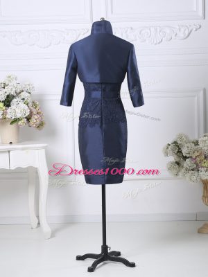 Satin Scoop Sleeveless Zipper Beading and Lace Prom Dresses in Navy Blue