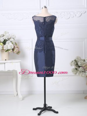 Satin Scoop Sleeveless Zipper Beading and Lace Prom Dresses in Navy Blue