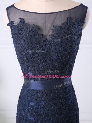 Satin Scoop Sleeveless Zipper Beading and Lace Prom Dresses in Navy Blue