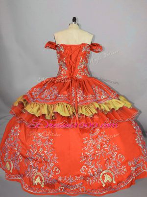 Noble Off The Shoulder Sleeveless Satin Quince Ball Gowns Embroidery Lace Up