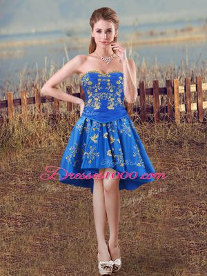 Modest Royal Blue A-line Embroidery Dress for Prom Lace Up Taffeta Sleeveless High Low