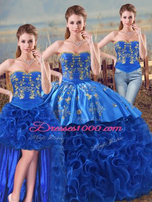 Exquisite Fabric With Rolling Flowers Sweetheart Sleeveless Lace Up Embroidery and Ruffles 15 Quinceanera Dress in Royal Blue