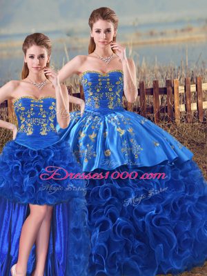 Exquisite Fabric With Rolling Flowers Sweetheart Sleeveless Lace Up Embroidery and Ruffles 15 Quinceanera Dress in Royal Blue