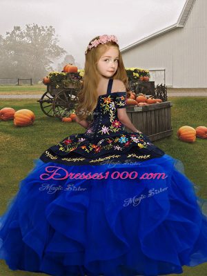 Straps Sleeveless Kids Pageant Dress Floor Length Embroidery and Ruffles Rust Red Tulle