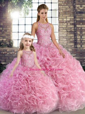 Scoop Sleeveless Lace Up Vestidos de Quinceanera Rose Pink Fabric With Rolling Flowers