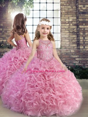 Scoop Sleeveless Lace Up Vestidos de Quinceanera Rose Pink Fabric With Rolling Flowers