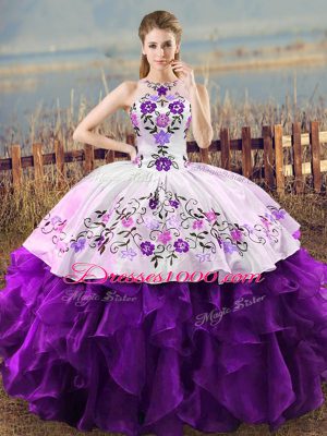 Fantastic Halter Top Sleeveless Organza Sweet 16 Dresses Embroidery and Ruffles Lace Up