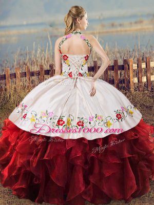 Fantastic Halter Top Sleeveless Organza Sweet 16 Dresses Embroidery and Ruffles Lace Up