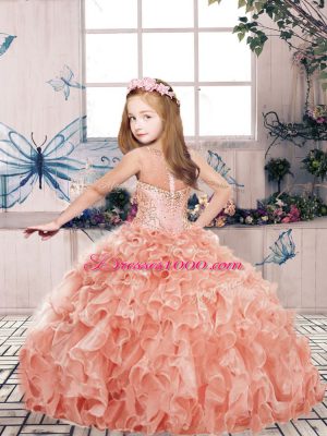 Latest Red Ball Gowns Organza Scoop Sleeveless Beading and Ruffles Floor Length Zipper Little Girls Pageant Dress