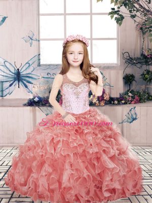 Latest Red Ball Gowns Organza Scoop Sleeveless Beading and Ruffles Floor Length Zipper Little Girls Pageant Dress