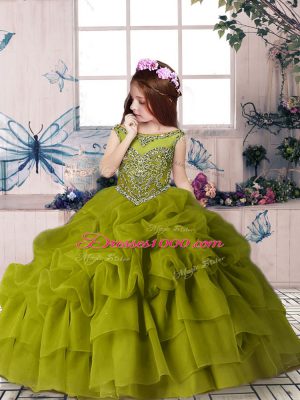 Inexpensive Scoop Sleeveless Party Dress for Girls Floor Length Beading and Pick Ups Olive Green Organza