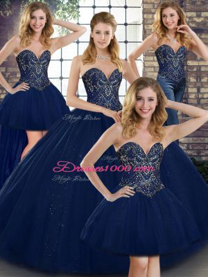 Classical Tulle Sweetheart Sleeveless Lace Up Beading Sweet 16 Dresses in Navy Blue