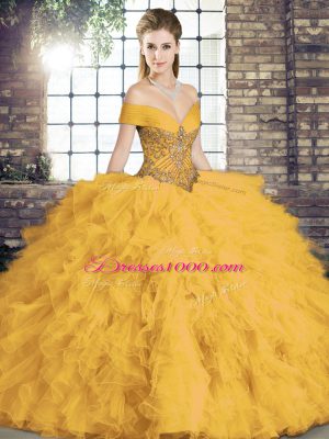 Fabulous Gold Sweet 16 Quinceanera Dress Military Ball and Sweet 16 and Quinceanera with Beading and Ruffles Off The Shoulder Sleeveless Lace Up
