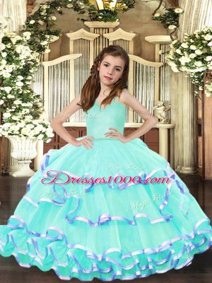 Unique Straps Sleeveless Kids Pageant Dress Floor Length Ruffled Layers Aqua Blue Organza