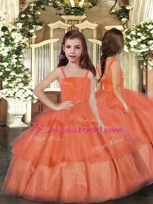 Custom Made Orange Red Ball Gowns Straps Sleeveless Organza Floor Length Lace Up Ruffled Layers Pageant Gowns