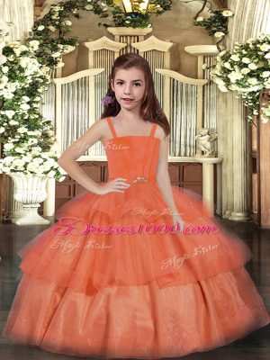 Custom Made Orange Red Ball Gowns Straps Sleeveless Organza Floor Length Lace Up Ruffled Layers Pageant Gowns