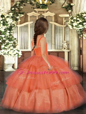 Custom Made Orange Red Ball Gowns Straps Sleeveless Organza Floor Length Lace Up Ruffled Layers Pageant Gowns