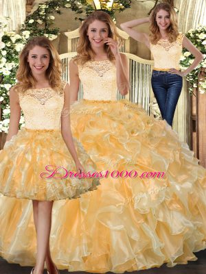 Stunning Lace and Ruffles Quinceanera Dresses Gold Clasp Handle Sleeveless Floor Length