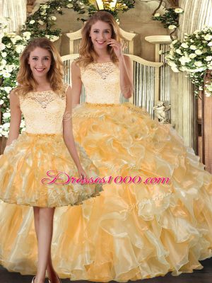 Stunning Lace and Ruffles Quinceanera Dresses Gold Clasp Handle Sleeveless Floor Length