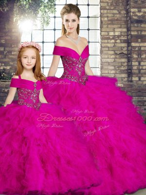 Sexy Fuchsia Ball Gowns Off The Shoulder Sleeveless Tulle Floor Length Lace Up Beading and Ruffles Quinceanera Dresses