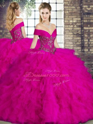 Sexy Fuchsia Ball Gowns Off The Shoulder Sleeveless Tulle Floor Length Lace Up Beading and Ruffles Quinceanera Dresses