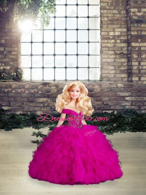 Sexy Fuchsia Ball Gowns Off The Shoulder Sleeveless Tulle Floor Length Lace Up Beading and Ruffles Quinceanera Dresses