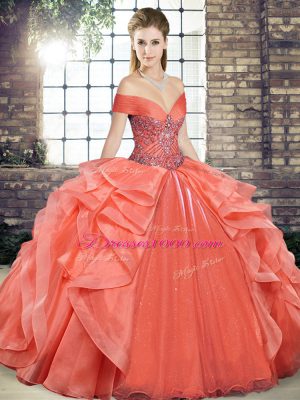 Orange Red Off The Shoulder Neckline Beading and Ruffles Quinceanera Gown Sleeveless Lace Up