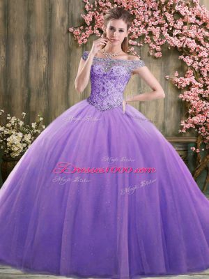 Ball Gowns Ball Gown Prom Dress Lavender Off The Shoulder Tulle Sleeveless Floor Length Lace Up