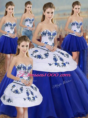Embroidery and Bowknot Quinceanera Gown Royal Blue Lace Up Sleeveless Floor Length