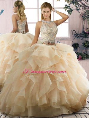 Sleeveless Floor Length Beading and Ruffles Zipper Vestidos de Quinceanera with Champagne