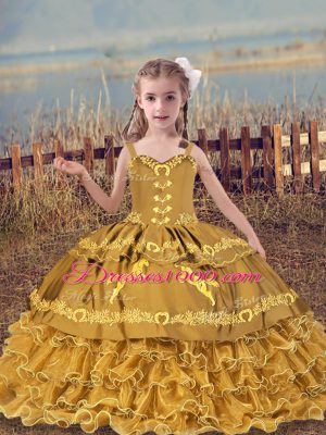 Gold Sleeveless Floor Length Beading and Embroidery and Ruffled Layers Lace Up Little Girls Pageant Gowns