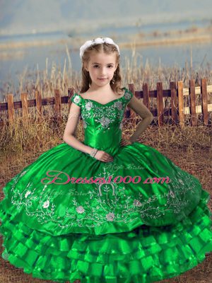 Dramatic Sleeveless Floor Length Embroidery and Ruffled Layers Lace Up Girls Pageant Dresses with Green