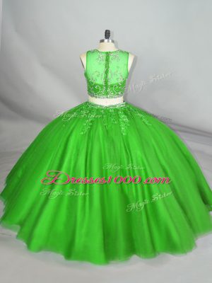 Scoop Sleeveless Lace Up Quinceanera Gown Green Tulle