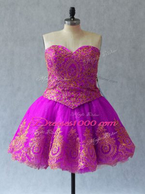 Fuchsia Sleeveless Appliques and Embroidery Mini Length Prom Homecoming Dress