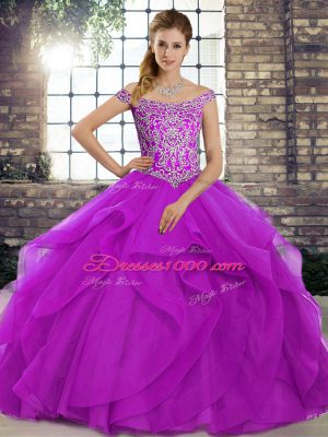 Noble Sleeveless Tulle Brush Train Lace Up Ball Gown Prom Dress in Purple with Beading and Ruffles