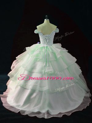 Apple Green Organza Lace Up Sweet 16 Quinceanera Dress Sleeveless Brush Train Beading and Ruffled Layers