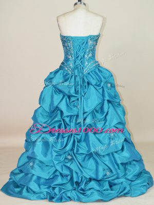 Glamorous High Low Lace Up Teal for Prom and Party with Beading and Pick Ups