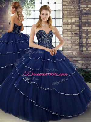 Sumptuous Navy Blue Sleeveless Beading and Ruffled Layers Lace Up 15th Birthday Dress