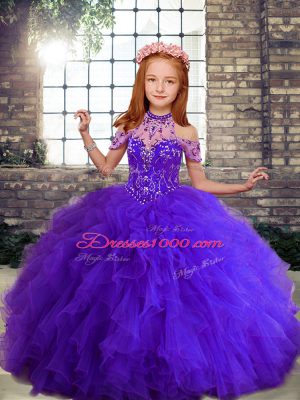 Most Popular Tulle High-neck Sleeveless Lace Up Beading and Ruffles Little Girl Pageant Dress in Purple