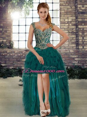 Straps Sleeveless Lace Up Pageant Gowns Dark Green Organza