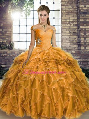 Admirable Gold Lace Up Sweet 16 Dresses Beading and Ruffles Sleeveless Brush Train