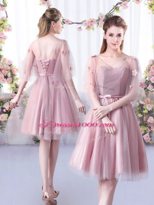 Cheap Pink A-line Appliques and Belt Bridesmaid Dress Lace Up Tulle Sleeveless Knee Length