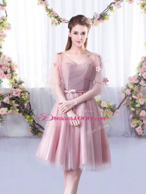 Cheap Pink A-line Appliques and Belt Bridesmaid Dress Lace Up Tulle Sleeveless Knee Length