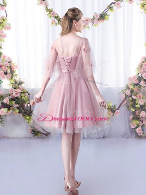 Cheap Pink A-line Appliques and Belt Bridesmaid Dress Lace Up Tulle Sleeveless Knee Length